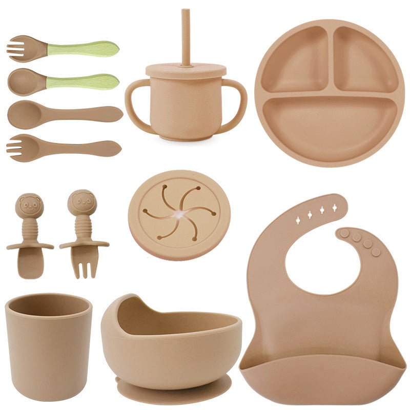 Set de silicona para bebé, tazón de comida para bebé, cuchara, babero, plato de silicona, taza con pajita