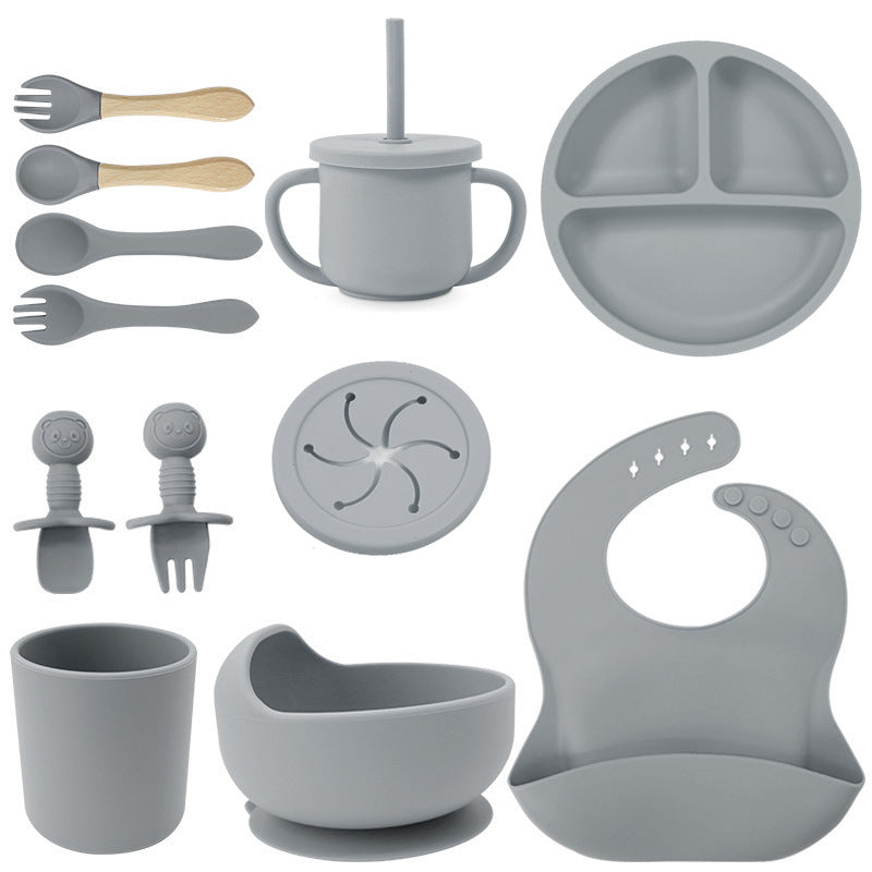 Set de silicona para bebé, tazón de comida para bebé, cuchara, babero, plato de silicona, taza con pajita