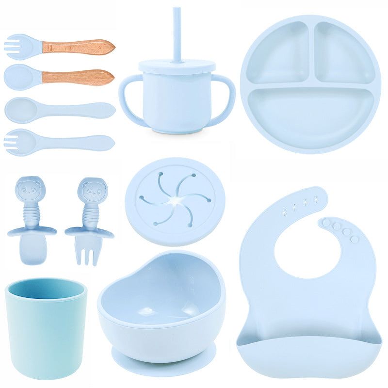 Set de silicona para bebé, tazón de comida para bebé, cuchara, babero, plato de silicona, taza con pajita