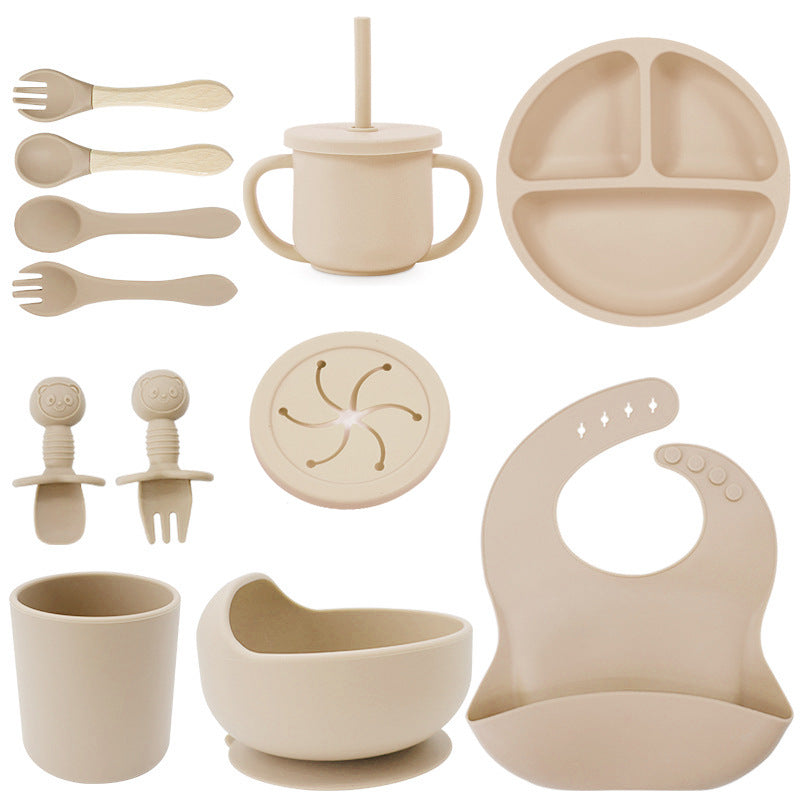 Set de silicona para bebé, tazón de comida para bebé, cuchara, babero, plato de silicona, taza con pajita
