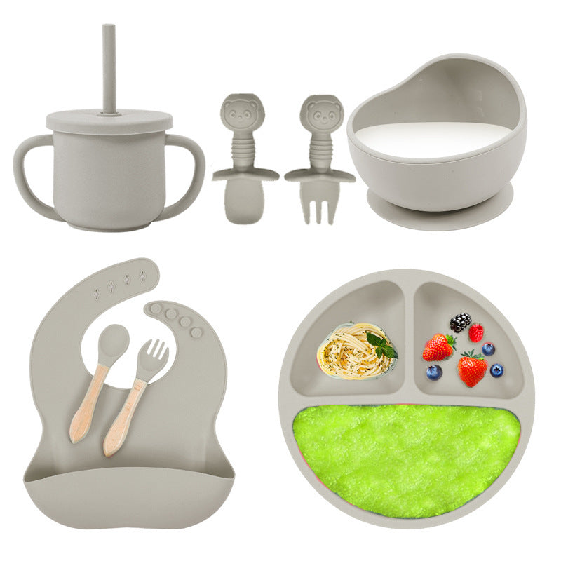 Set de silicona para bebé, tazón de comida para bebé, cuchara, babero, plato de silicona, taza con pajita