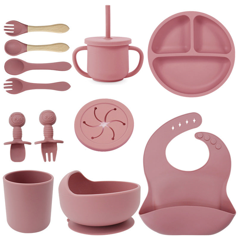 Set de silicona para bebé, tazón de comida para bebé, cuchara, babero, plato de silicona, taza con pajita