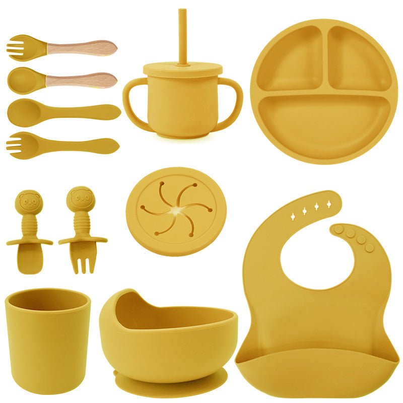 Set de silicona para bebé, tazón de comida para bebé, cuchara, babero, plato de silicona, taza con pajita