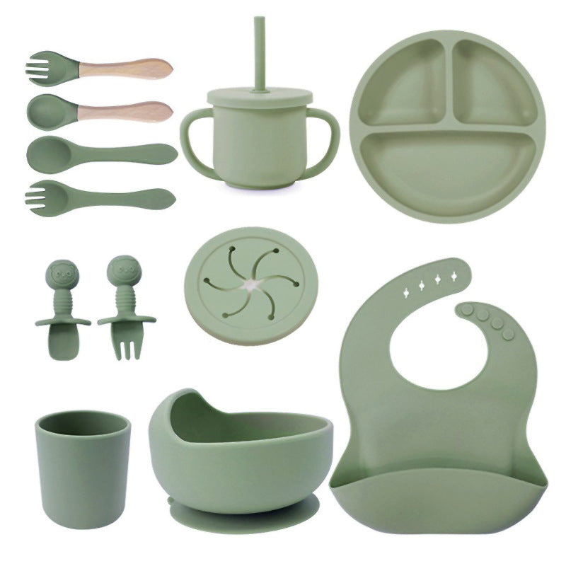 Set de silicona para bebé, tazón de comida para bebé, cuchara, babero, plato de silicona, taza con pajita