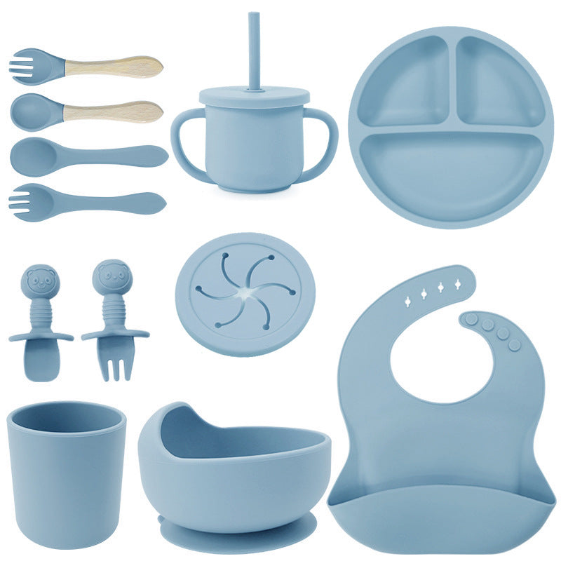 Set de silicona para bebé, tazón de comida para bebé, cuchara, babero, plato de silicona, taza con pajita