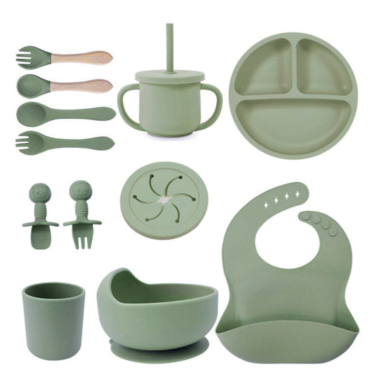 Set de silicona para bebé, tazón de comida para bebé, cuchara, babero, plato de silicona, taza con pajita