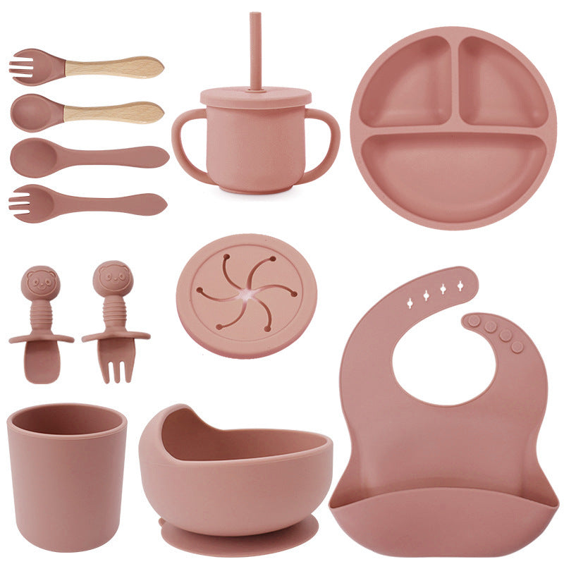 Set de silicona para bebé, tazón de comida para bebé, cuchara, babero, plato de silicona, taza con pajita