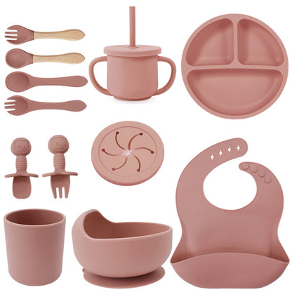 Set de silicona para bebé, tazón de comida para bebé, cuchara, babero, plato de silicona, taza con pajita