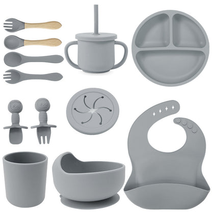 Set de silicona para bebé, tazón de comida para bebé, cuchara, babero, plato de silicona, taza con pajita