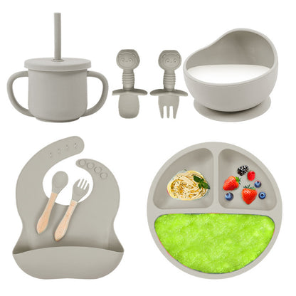 Set de silicona para bebé, tazón de comida para bebé, cuchara, babero, plato de silicona, taza con pajita