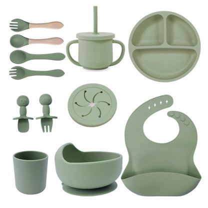 Set de silicona para bebé, tazón de comida para bebé, cuchara, babero, plato de silicona, taza con pajita